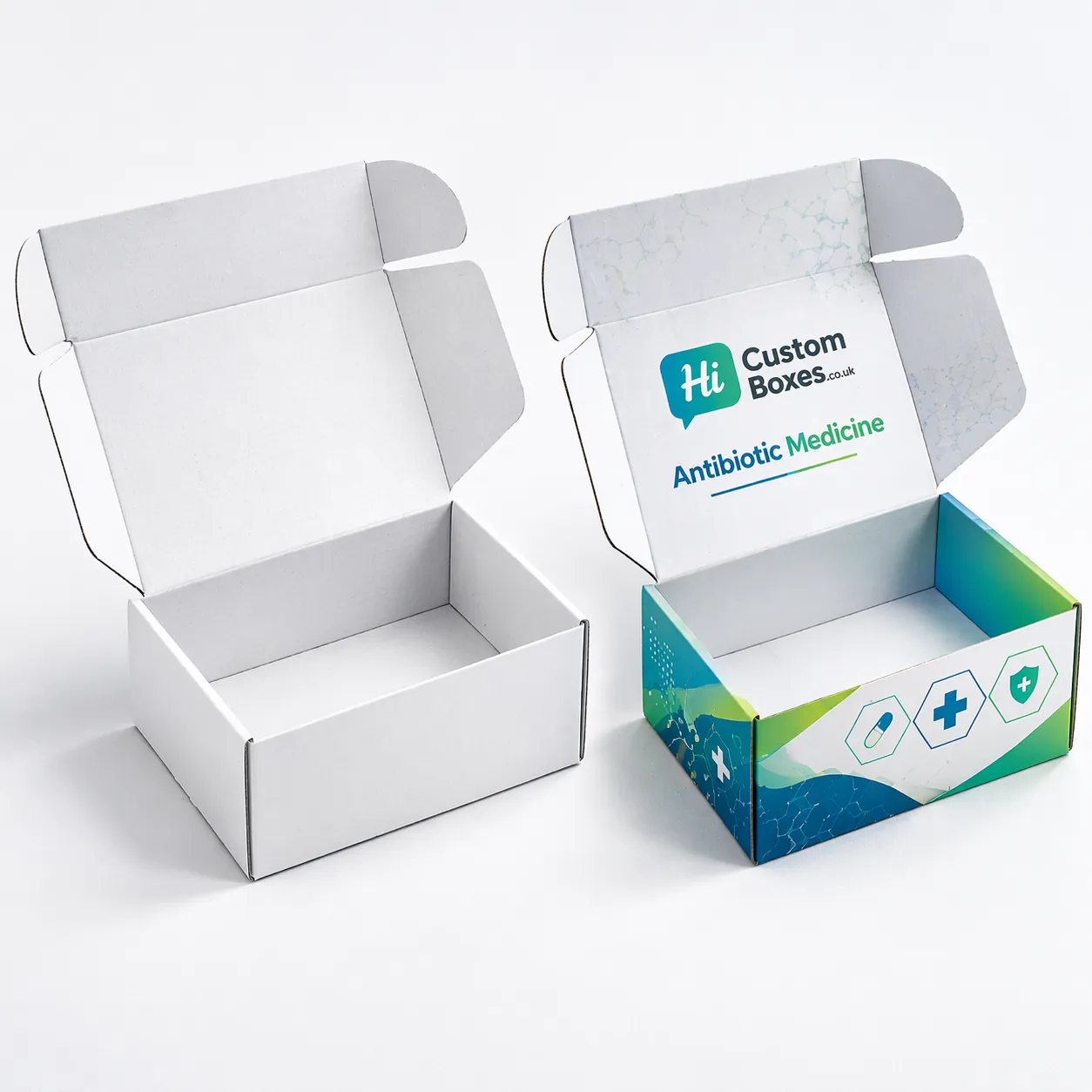 Two-piece rigid gift boxes with lids, featuring a minimalist white design and a branded teal version. class=